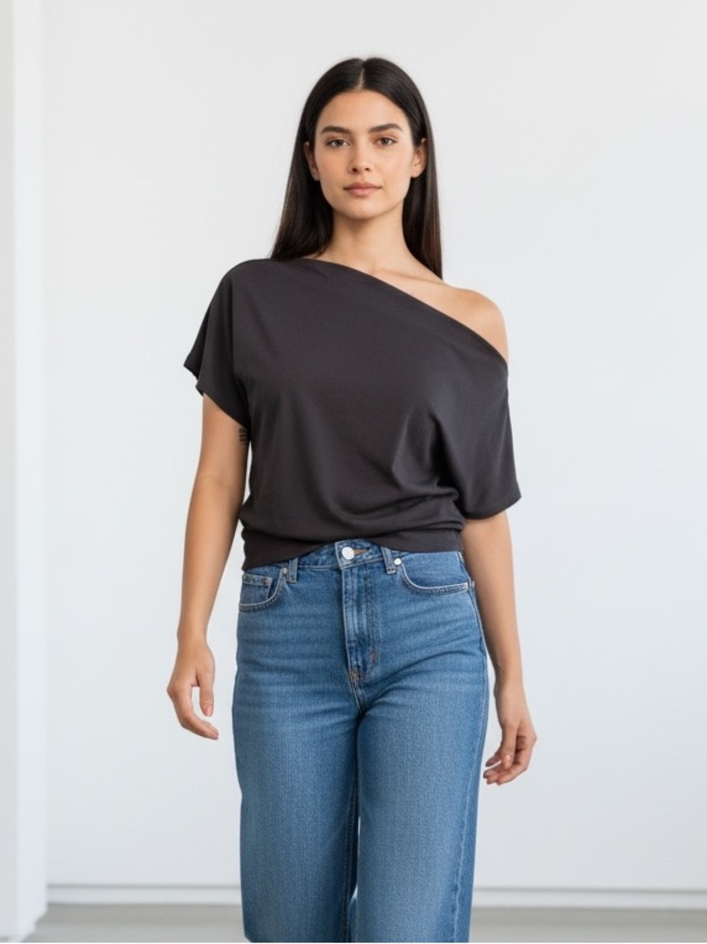 1292 • Soft Modal Washed Black Asymmetric Off Shoulder Top